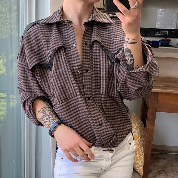 IIF Tops - IIF Vintage Cotton Check Leather Accent Snap Front